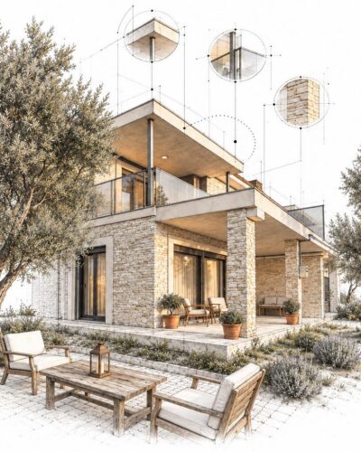Zeytin ağaçları arasında villa mimari çizim ve görselleştirme kolajı